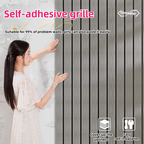 Self-adhesive grille wall sticker sheet with vertical wood-plank stripe pattern