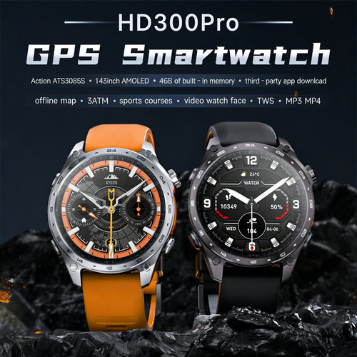 Two GPS smart watches with orange and black silicone straps and round watch faces