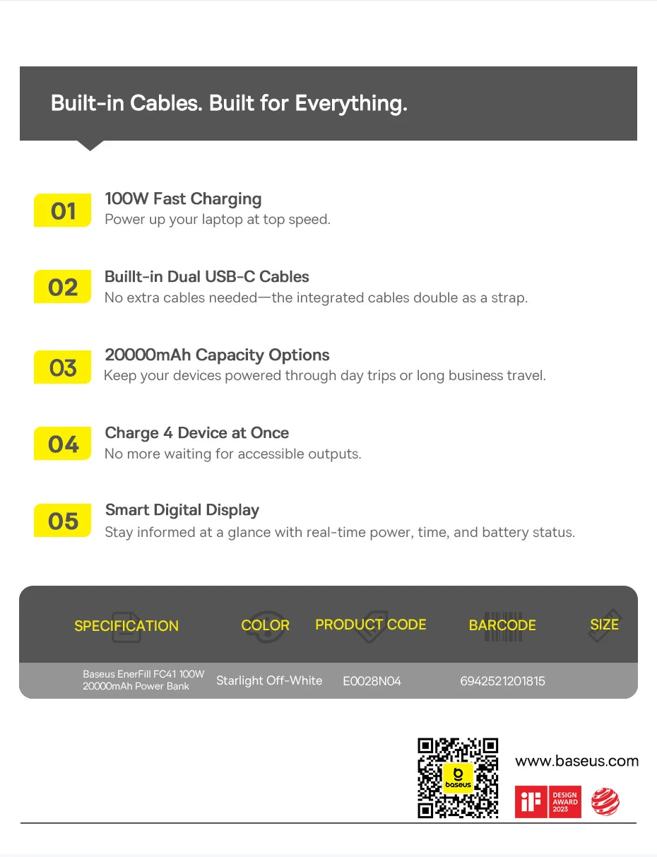 20000mAh 100W Fast Charging Power Bank with Integrated Cables Tidesmit