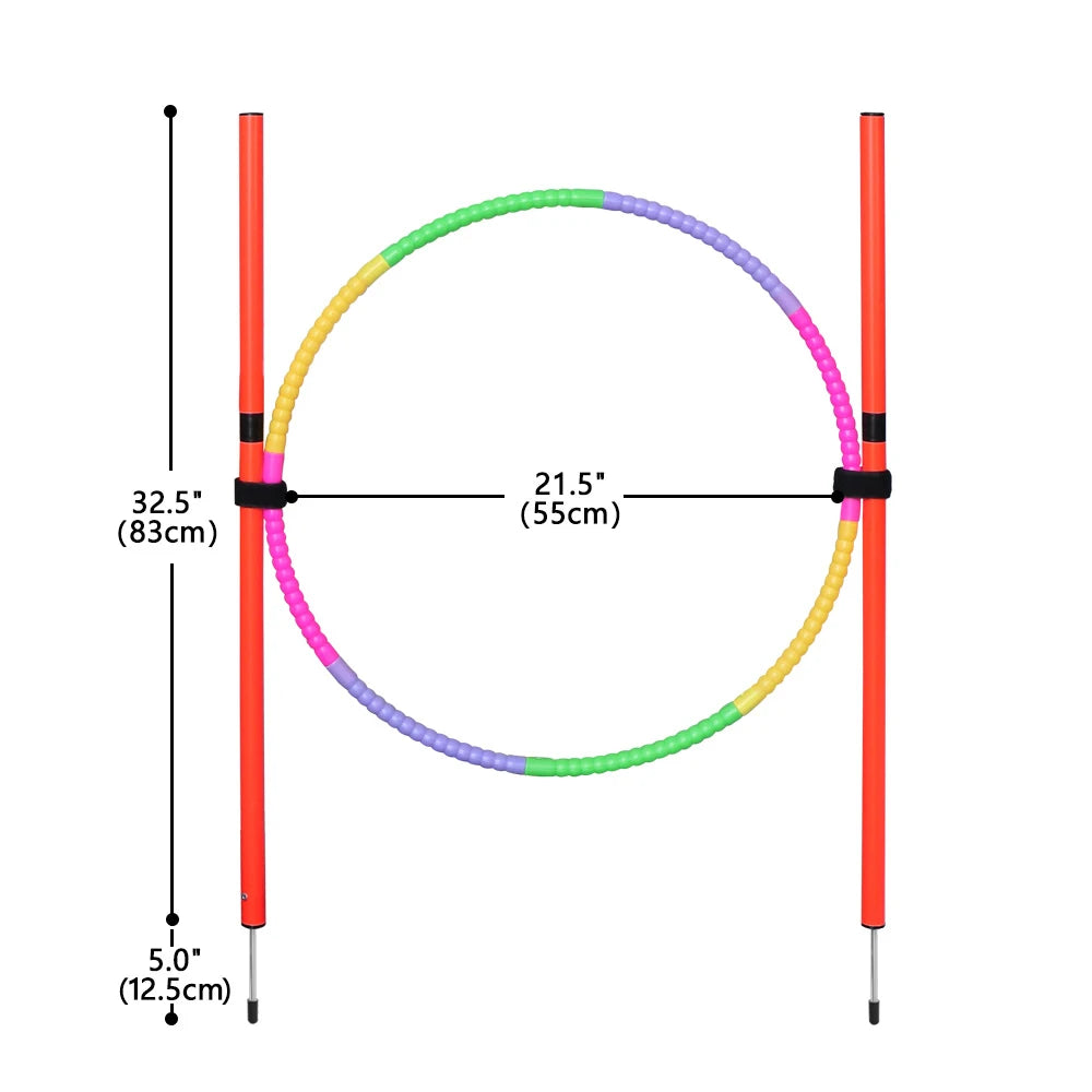 Portable dog agility jumping hoop for outdoor training. Colorful, adjustable sports stakes for pet exercise and fun.
