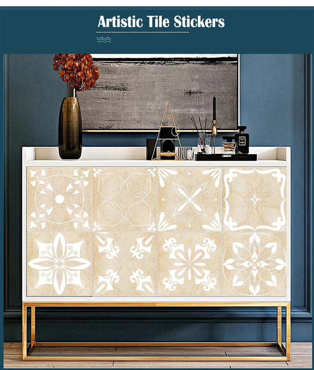 Neutral Boho Floral Tile Stickers Self Adhesive Glossy PVC Waterproof Decals Kitchen Bath Cabinet Backsplash Wall Home Deco