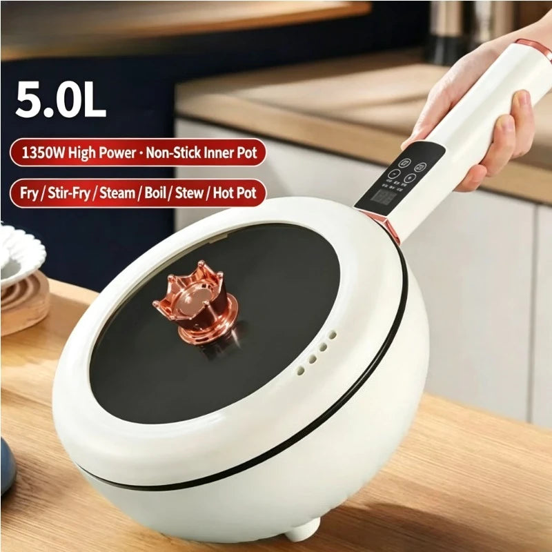 White electric nonstick cooking pot with lid window and copper heating cap, handle held