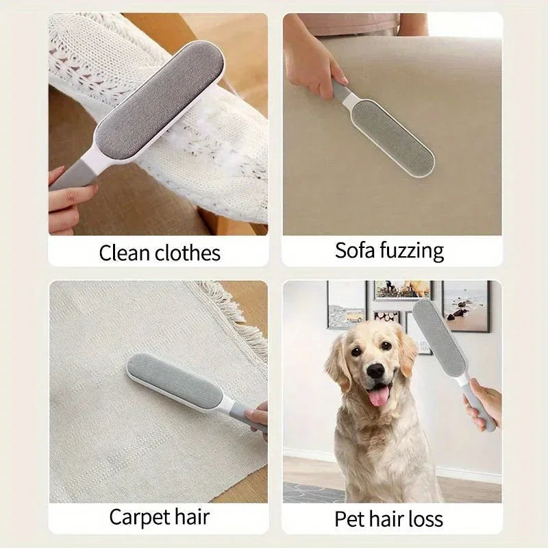 Double-sided reusable grey plush brush for easy pet hair removal on clothes, sofas, carpets, and bedding.