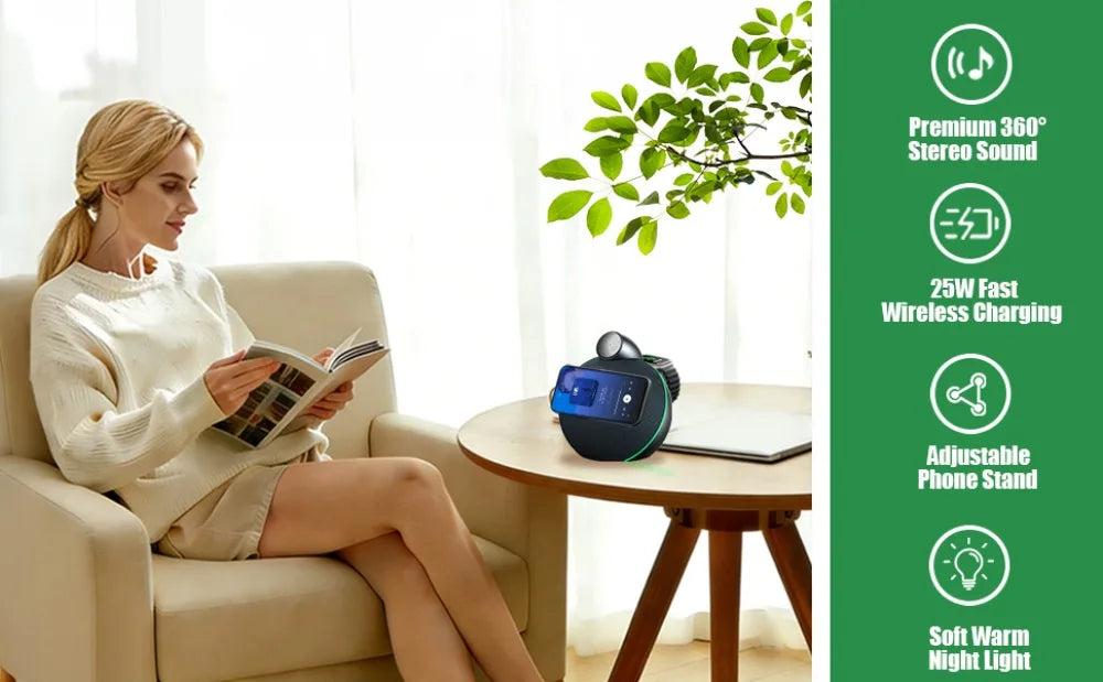 Bluetooth 5.3 Hi-Fi Speakers & Soft Ambient Lights 4-in-1 Qi2.2 25W Magnetic Wireless Charger for iPhone Apple Watch Airpods Pro