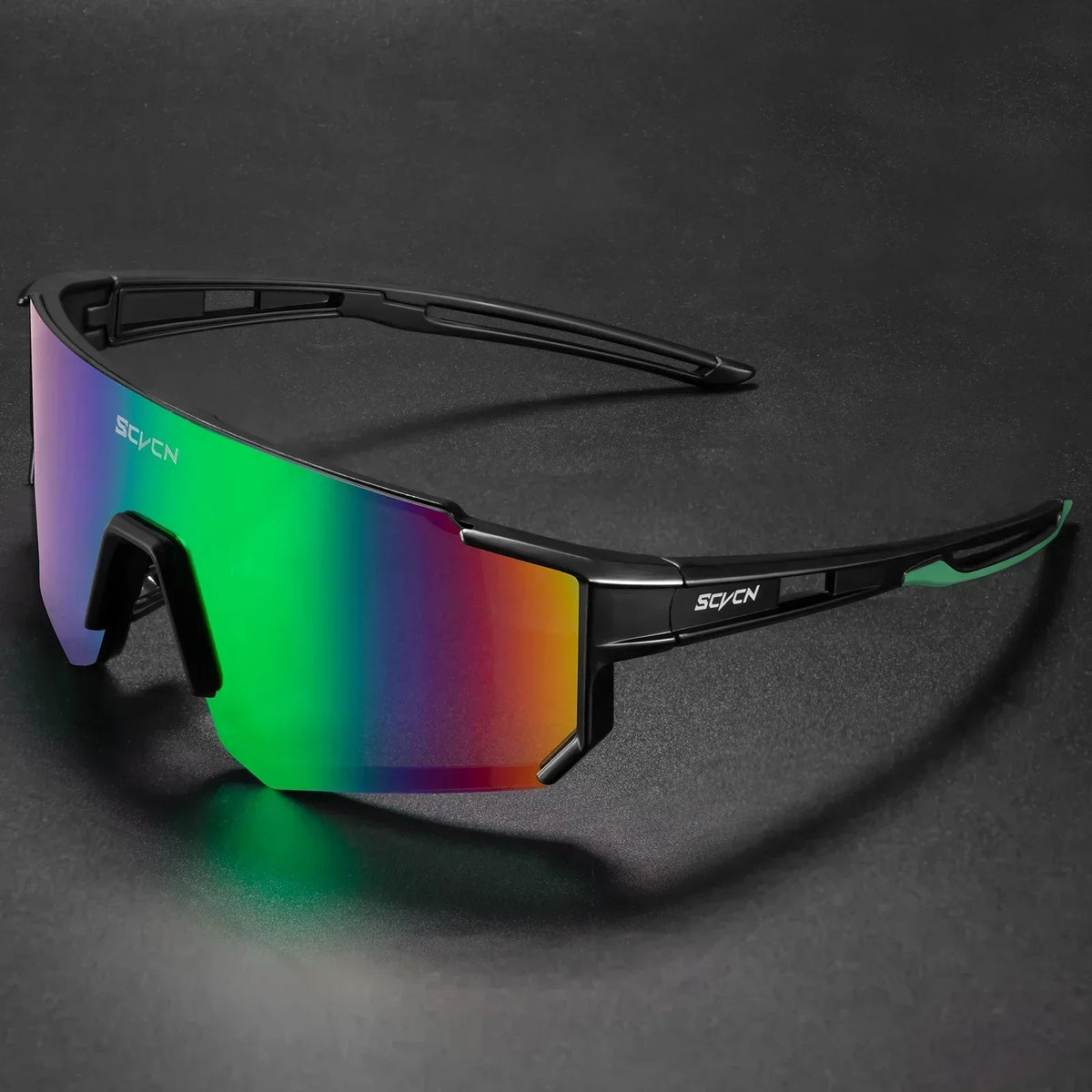 Black cycling sunglasses with rainbow mirrored lens and wraparound sports frame