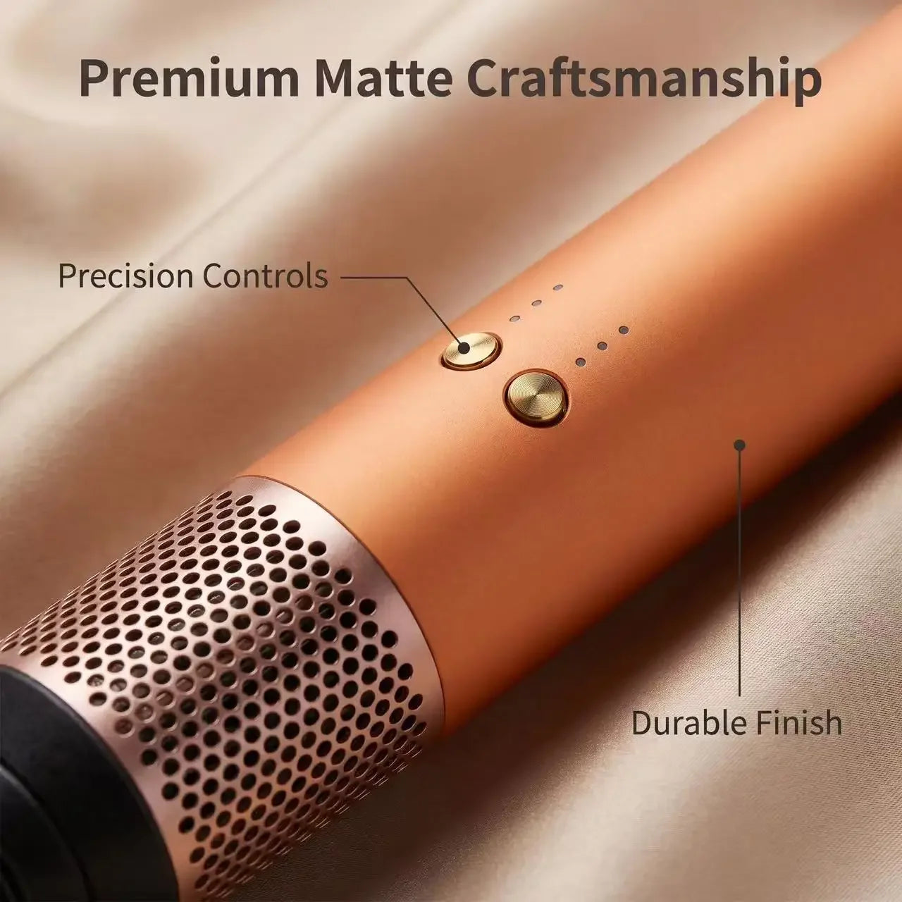 Rose gold 6-in-1 negative ion hair styler with matte finish, precision control buttons, and sleek metallic handle.