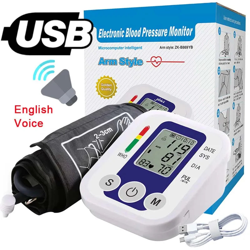 English Voice Automatic Tonometer Arm Blood Pressure Monitor Pressure Sensor Monitor Equipment Digital Tensiometer LED Display