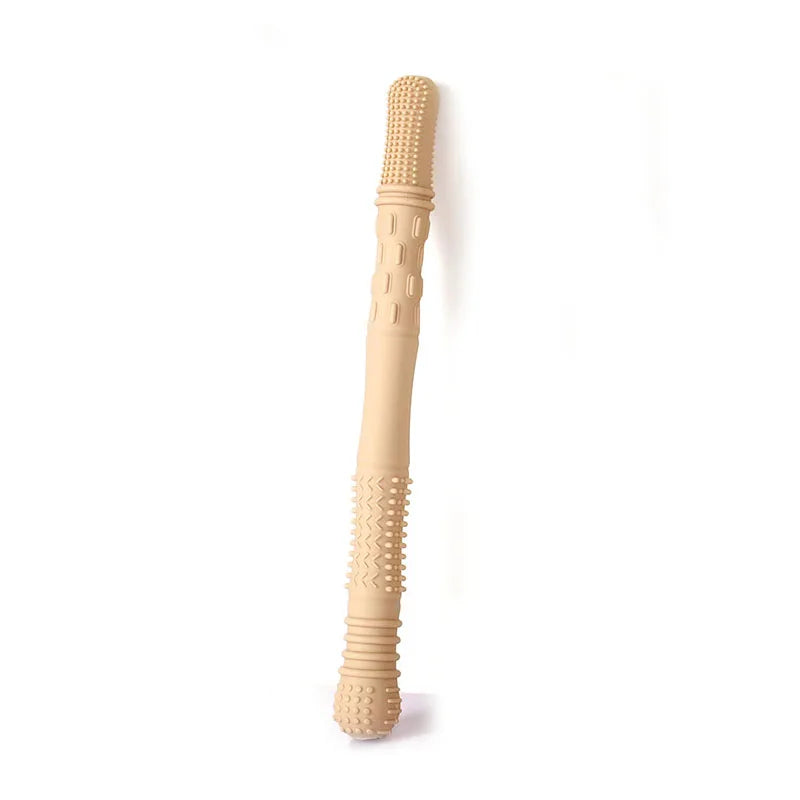 Beige silicone baby teething toy stick for soothing sore gums.
