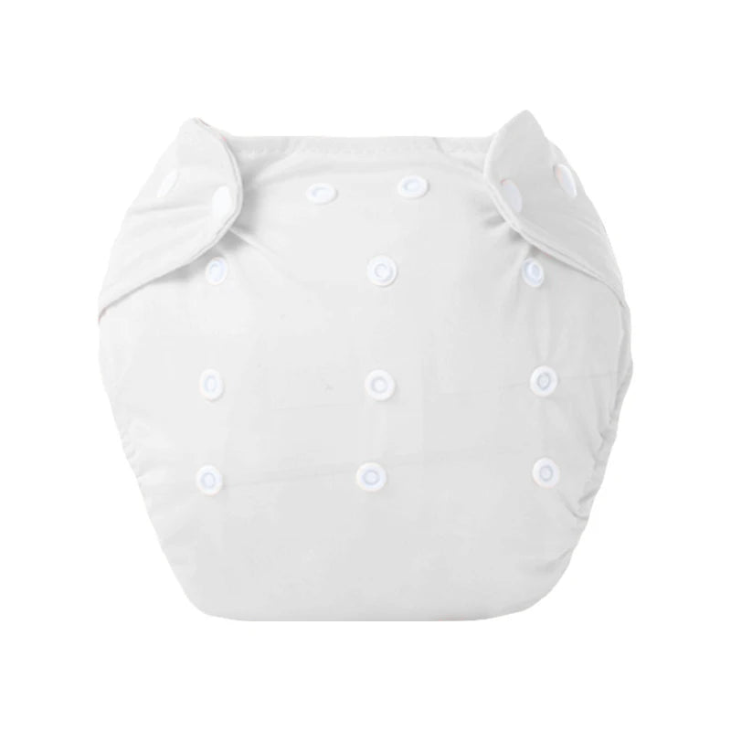 Adjustable white reusable cloth baby diaper with snap buttons for a customizable, eco-friendly fit.