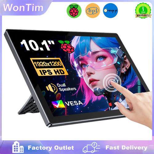 10.1-inch black touchscreen monitor with VESA mount and dual speakers, shown at an angle with a finger on the display.
