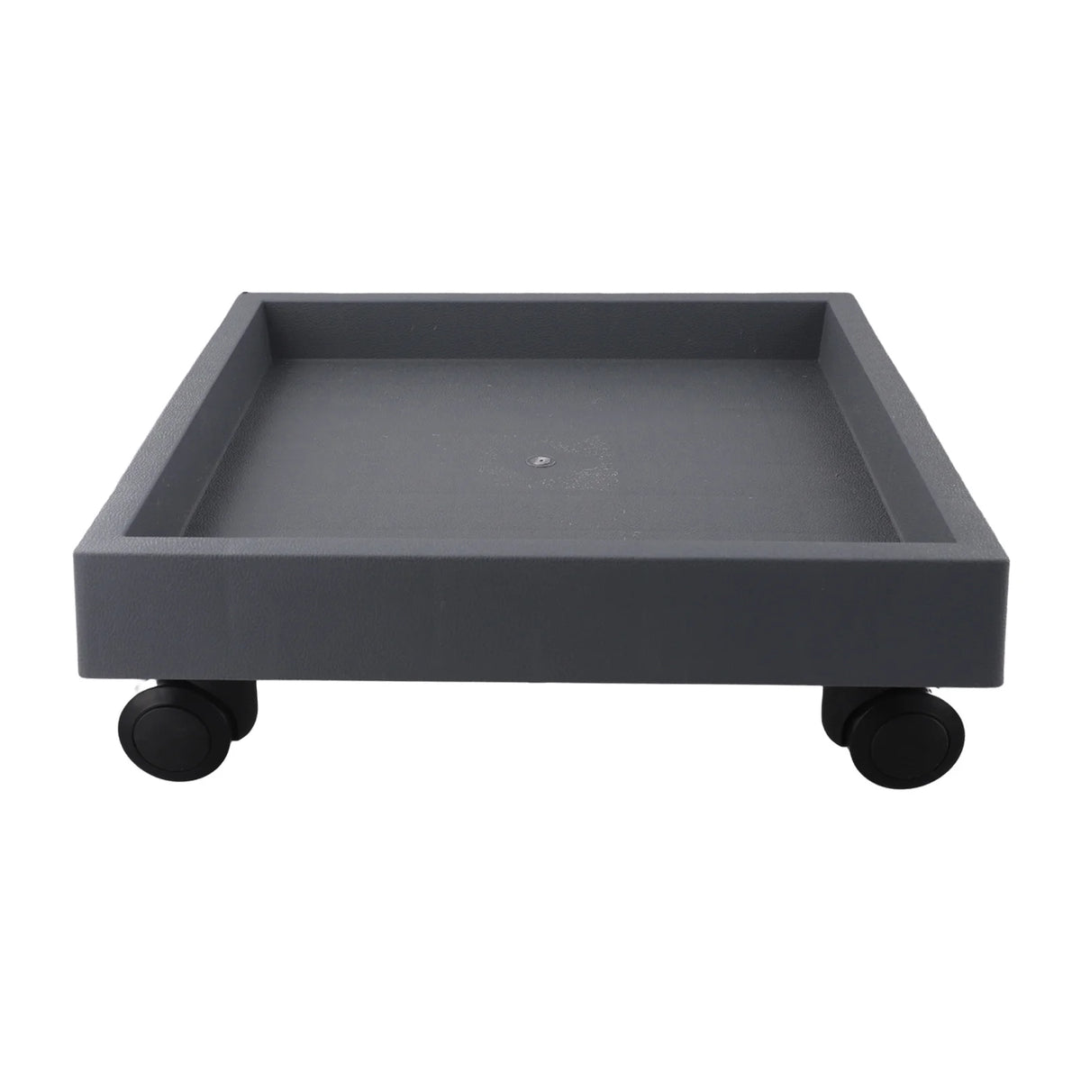 Dark gray plant tray on caster wheels, wide rectangular base with low sides