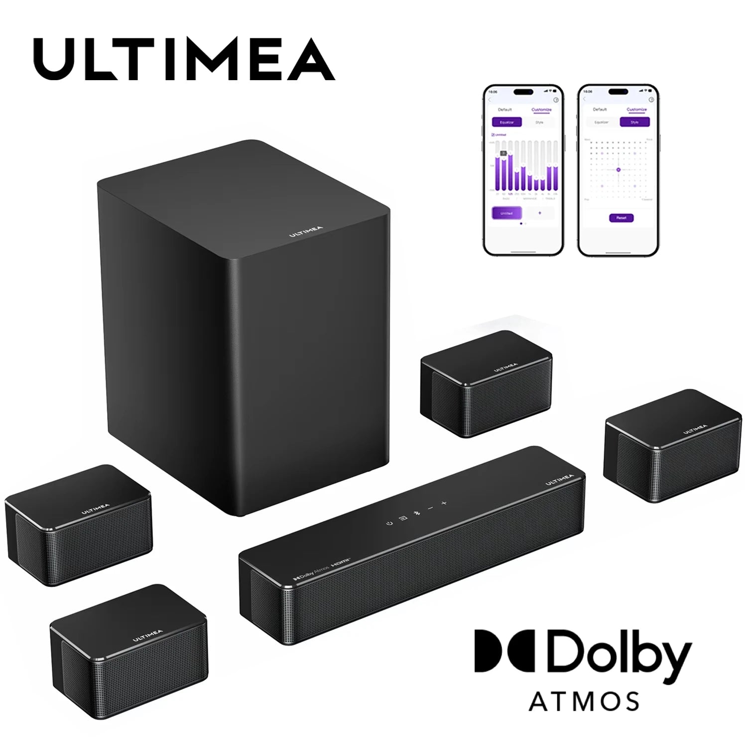 ULTIMEA 500W 7.1ch Dolby Atmos Soundbar with Wireless Subwoofer & 4 Surround Speakers, Home Theater System with APP Control