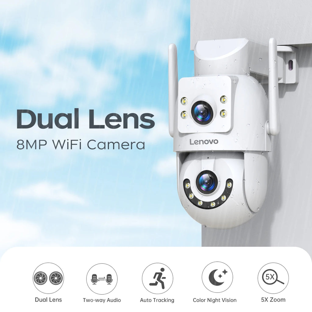 Lenovo WiFi PTZ Security Camera 8MP With Dual Screen Color Night Vision Outdoor Surveillance CCTV Camera Auto Tracking IP Camera