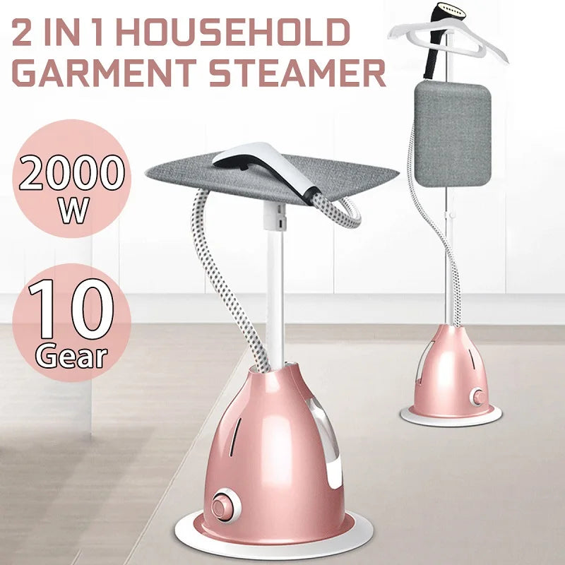 Tidesmit 2000W garment steamer showing fabric brush attachment and vertical hanging clothes steaming feature
