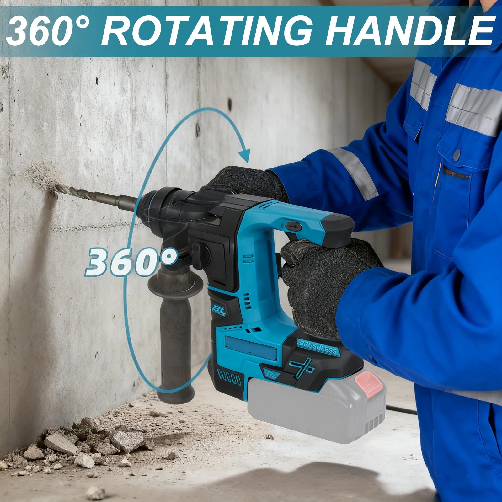 Podofo Brushless Cordless Rotary Hammer Drill Bare Tool Dual Modes Drilling Hammer Drilling For Concrete Brick Stone Masonry Wood Metal Home Renovation Heavy Duty Construction DIY Power Tool