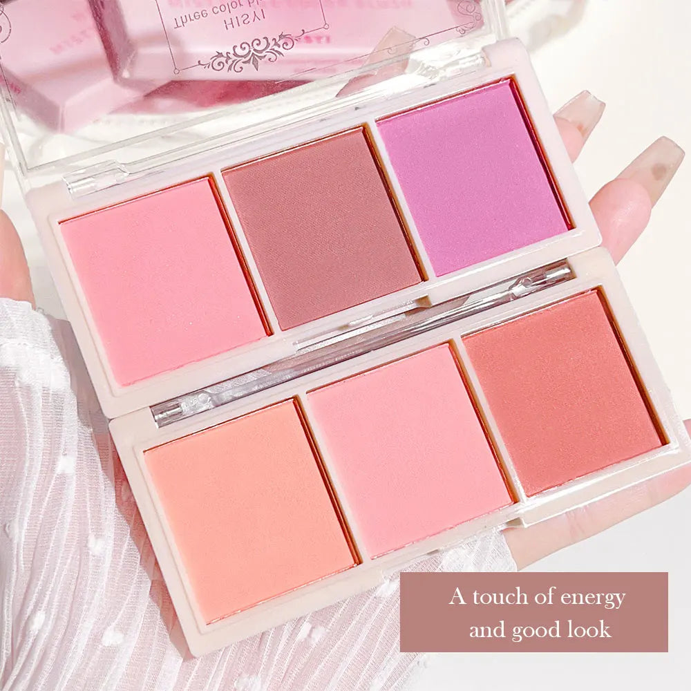Tidesmit three-color matte blush palette shade swatch for natural nude makeup and brightened complexion face makeup