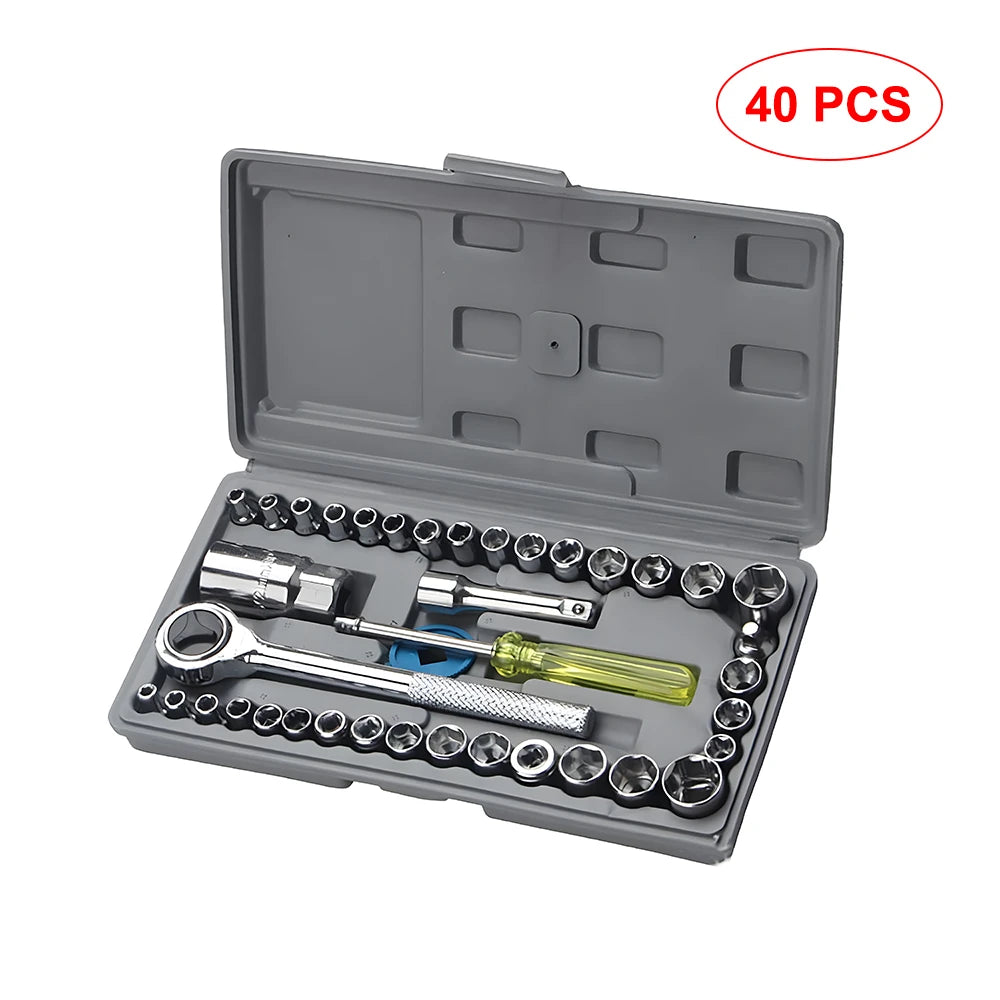 Podofo 40 Pieces Socket Wrench Tool Set 1/4 Inch 3/8 Inch Drive Ratcheting Spanner Kit Multi Purpose Mechanical Repair Hand Tools For Household Auto Maintenance