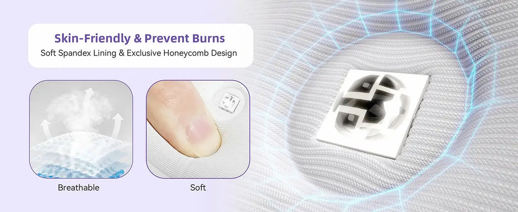 Close-up of a soft, white, honeycomb-patterned LED therapy mask showing breathable fabric and a protective LED chip.