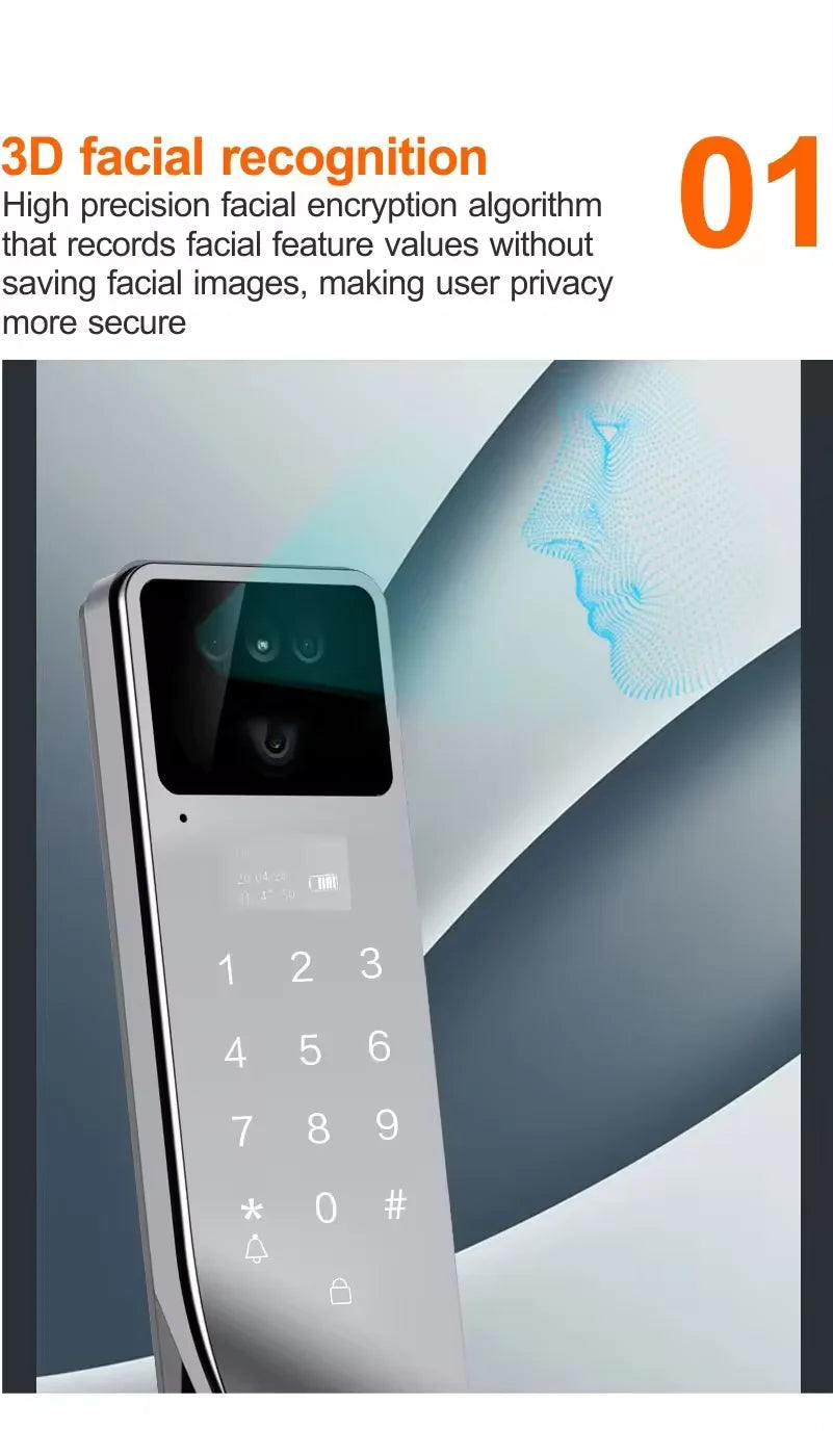 Facial Recognition Fingerprint Smart Security Door Lock Tuya App Wifi Camera Video Screen Biohacking RFID Digital Door Lock