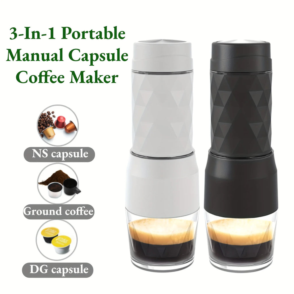 Portable 3-in-1 manual capsule coffee maker in white and black, compatible with NS, DG capsules and ground coffee.