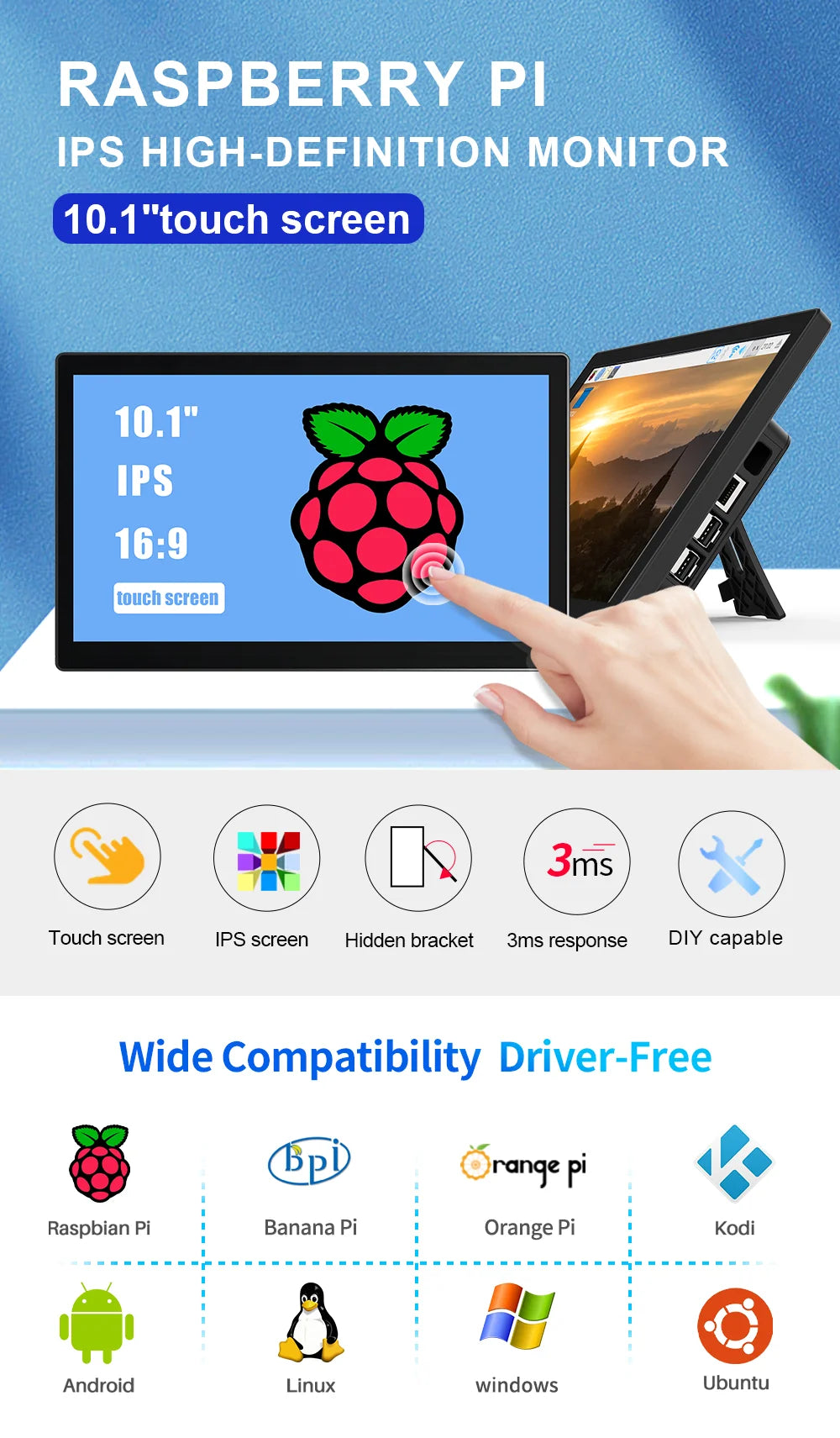 10.1 Inch Raspberry Pi 5 4/3/B/B+/A+ Monitor 1280x800 IPS 5-Points Capacitive Touchscreen Drive Free HDMI Display For Win 7/8/10