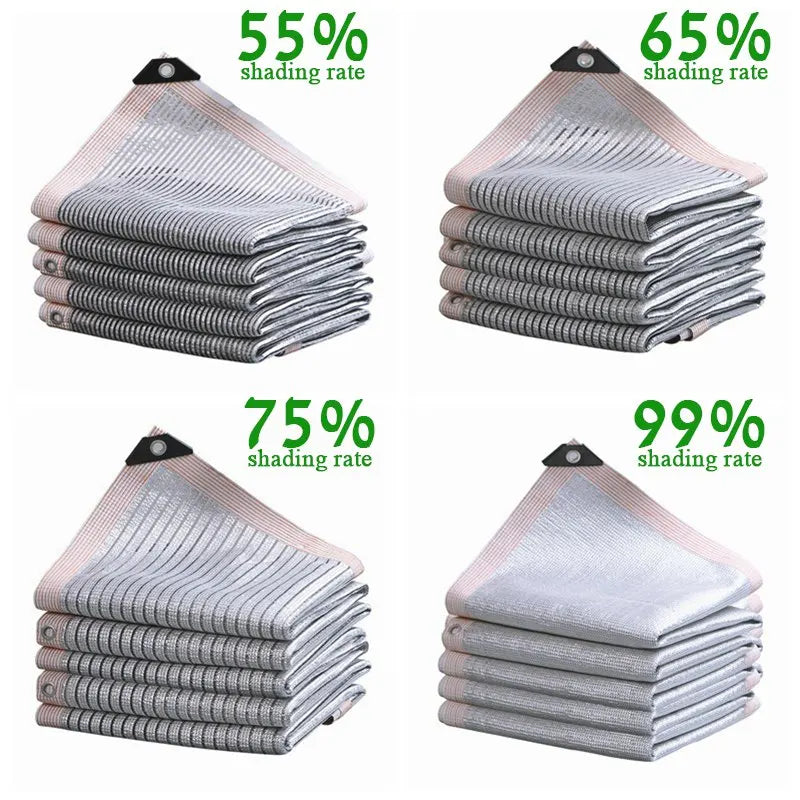 Silver aluminum foil sunshade mesh, stacked sheets with corner grommets, multiple shading rates