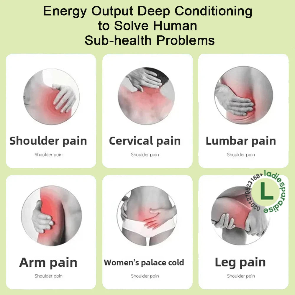 DDS bioelectric therapy massager chart showing pulse treatment for shoulder, cervical, lumbar, arm, and leg pain relief.