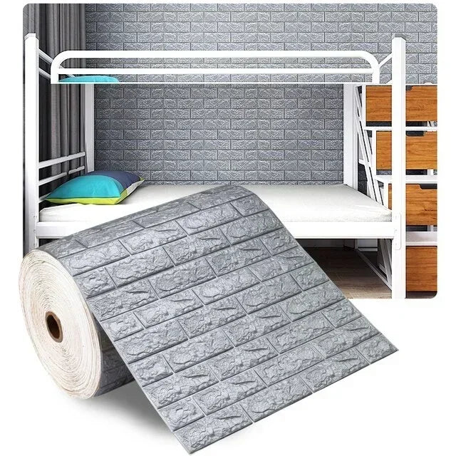 Grey 3D brick self-adhesive foam wallpaper roll with embossed staggered brick lines
