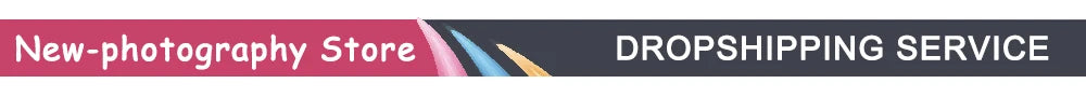 Horizontal banner text reading New-photography Store and DROPSHIPPING SERVICE, featuring pink and blue accents.
