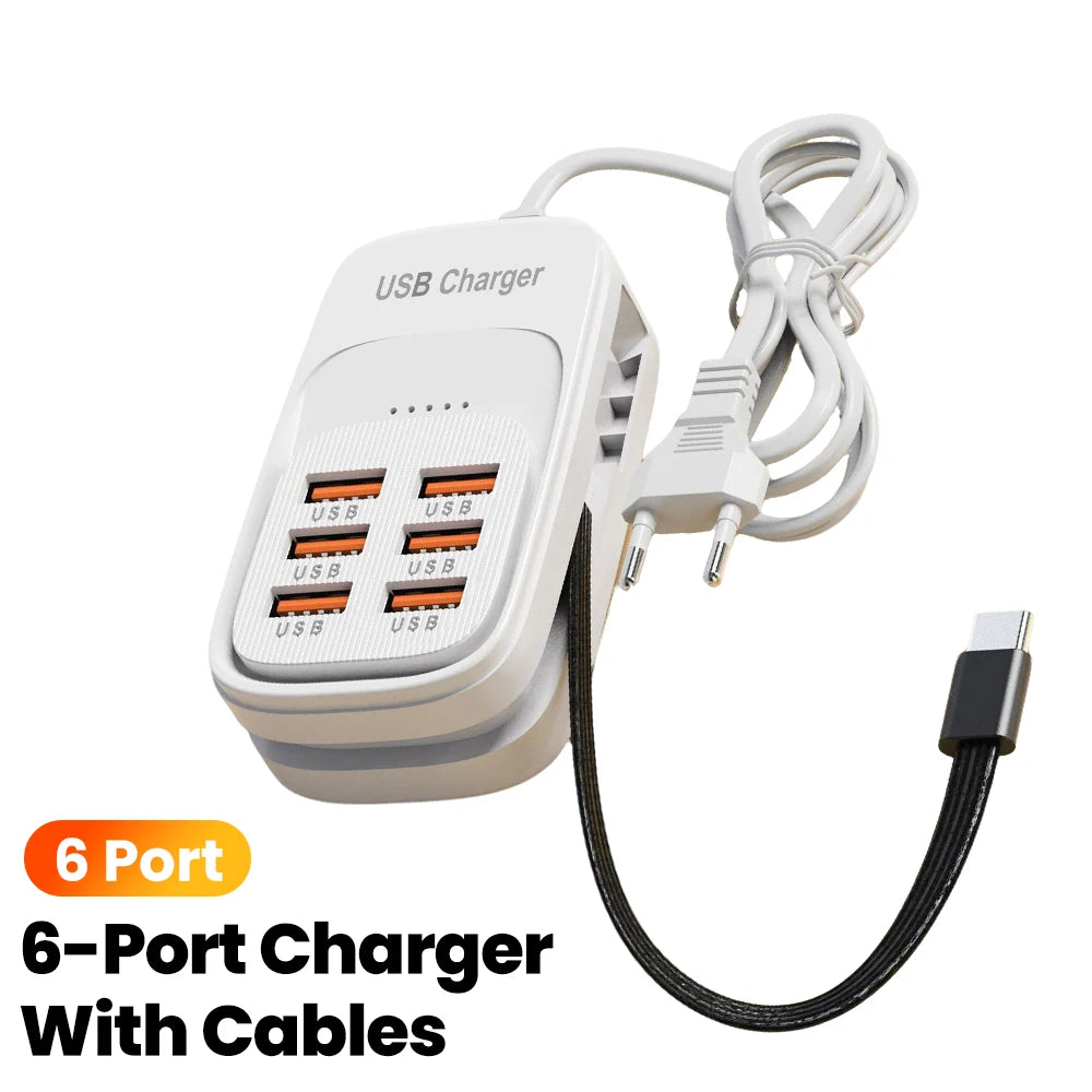 EU/US/UK 6-Ports USB Charging Extension Socket with Type-C Cable 3USB 3PD Power Strip Desktop Charging Station HUB Adapter 5V2A