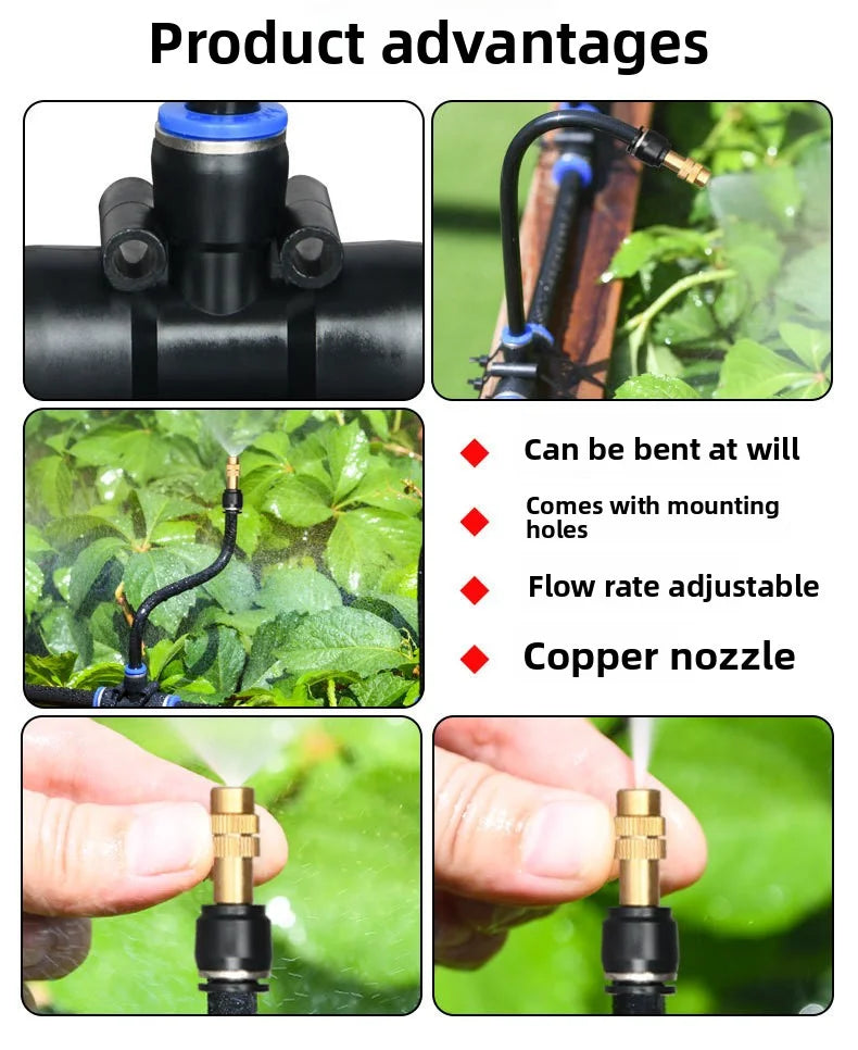 Irrigation nozzle kit with black sprinkler head, copper nozzle, and adjustable flow close-ups