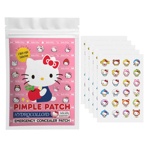 Hello Kitty hydrogel pimple patches in sealed bag with cartoon cat graphics