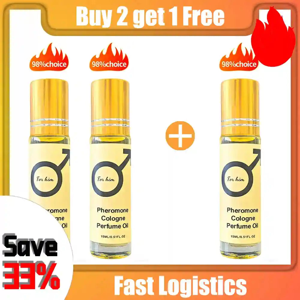 Pheromone cologne perfume oil in portable 15ml roll-on glass bottle for men. Long-lasting scented fragrance oil.