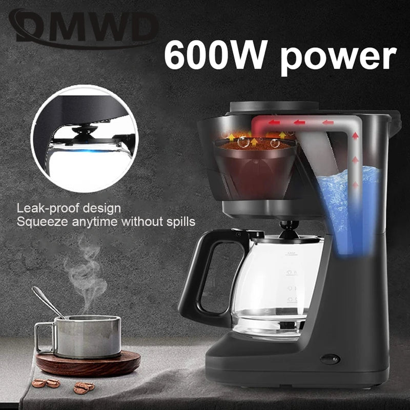 OMWD 600W black drip coffee maker with glass carafe and leak-proof design for easy brewing.