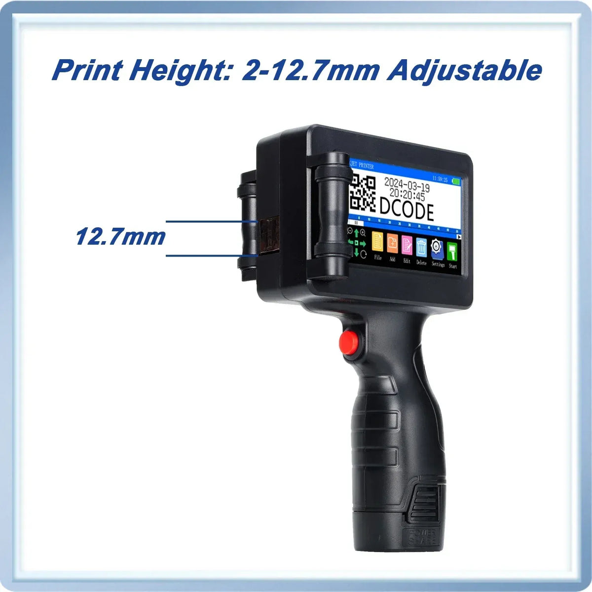 Handheld inkjet printer with adjustable print head and 12.7mm nozzle opening