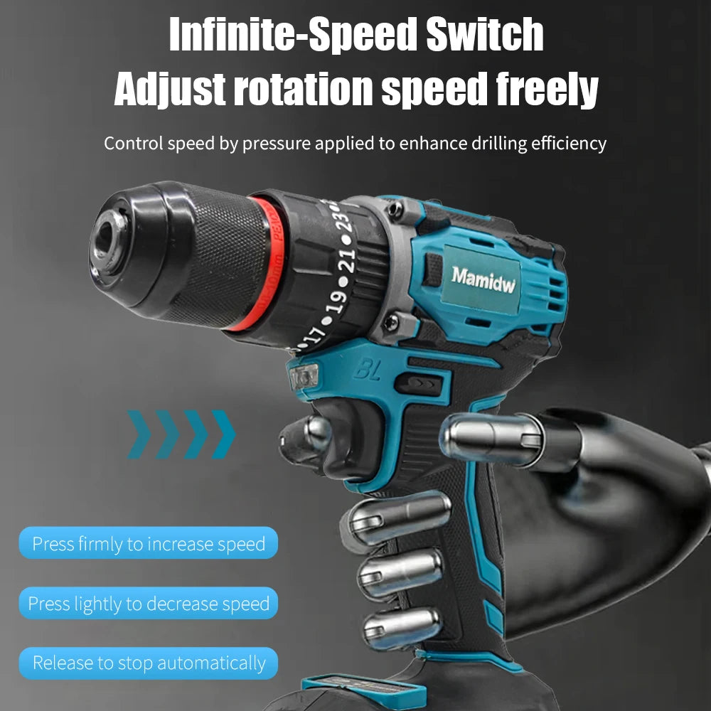 Mamidw Brushless Lithium Electric Drill 1850RPM High Speed Cordless Power Drill for Metal Wood Drilling Furniture Screw Fastening, For Makita 18V Battery PIN