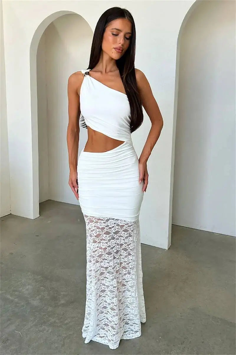 Mozision One Shoulder Cut Out Sexy Maxi Dress Women Elegant Diagonal Collar Sleeveless Lace Hem Bodycon Club Party Long Dresses
