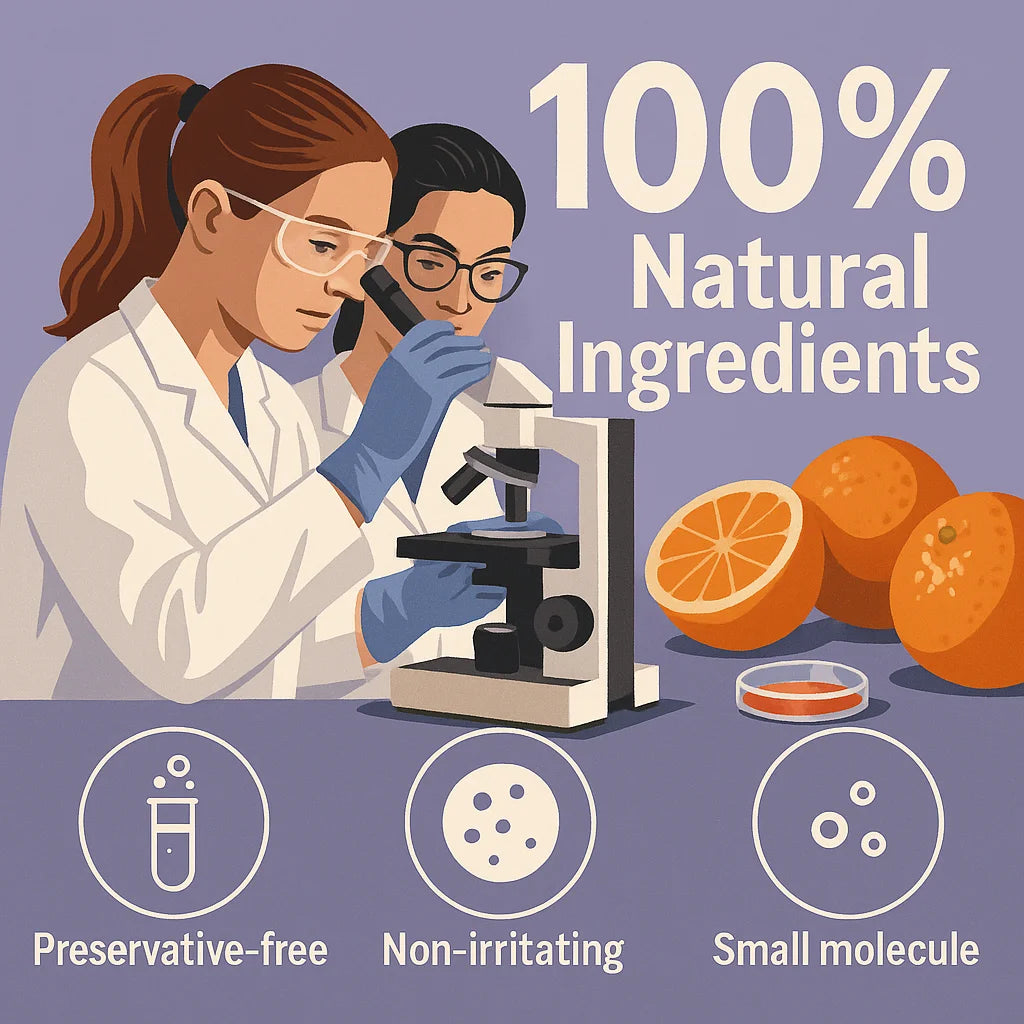 Two researchers use a microscope to study oranges, highlighting natural, preservative-free, and small-molecule