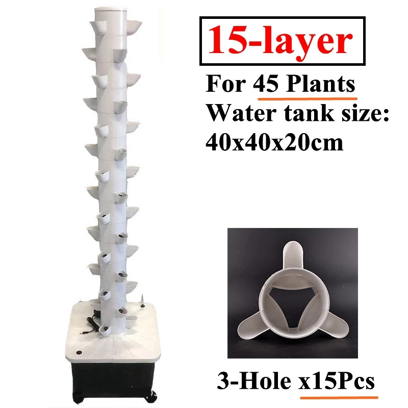 White 15-layer hydroponic tower planter with 3-hole cups, fifteen pieces