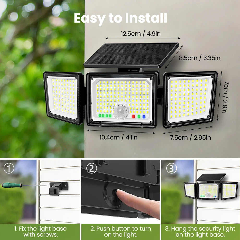 Solar Lights Outdoor 3 Heads Motion Sensor 286/236LED Security Flood Lights Waterproof 3 Modes Wall Lamp for Garden Patio Yard