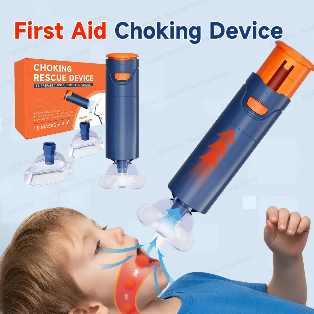Blue and orange first aid choking rescue device with suction masks for adults and children in emergency situations.