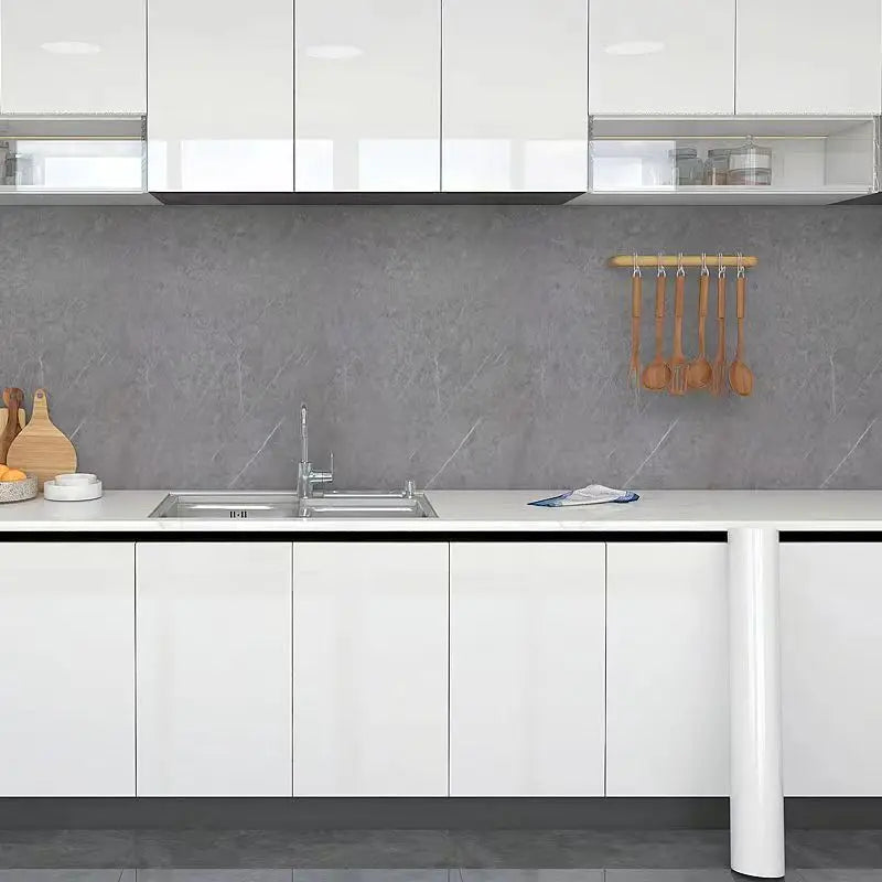 Marble-look waterproof self-adhesive cabinet wallpaper in gray stone, sink area and cabinet front