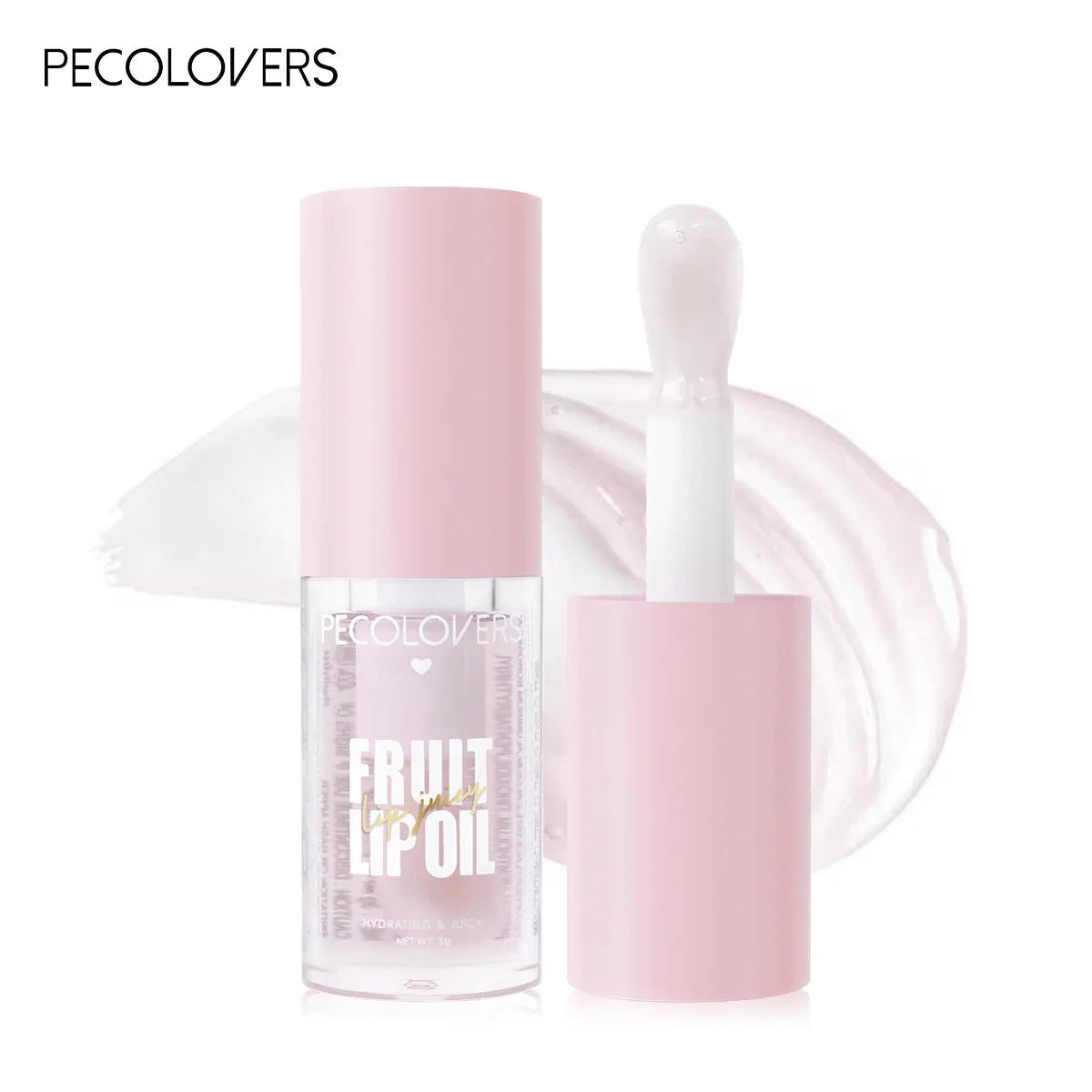 Pecolovers transparent moisturizing lip oil with plumping jelly texture and fruit-scented clear glossy finish.