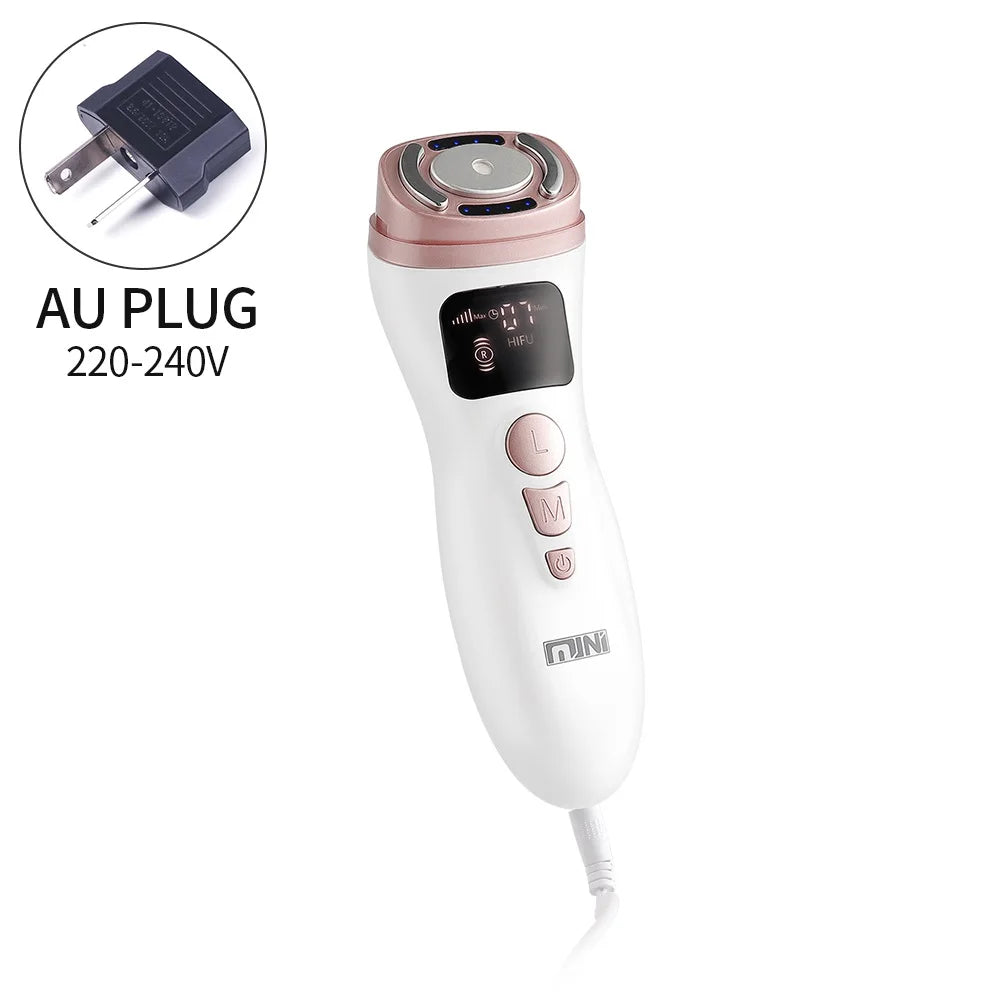 White and rose gold handheld HIFU facial tightening device with digital display, buttons, and an Australian power plug.