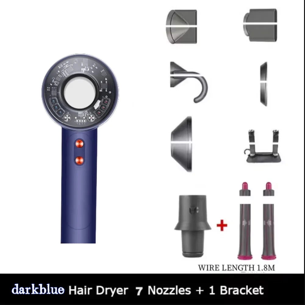 Dark blue high-speed negative ion hair dryer with 7 magnetic styling nozzles and 1 storage bracket for fast drying.