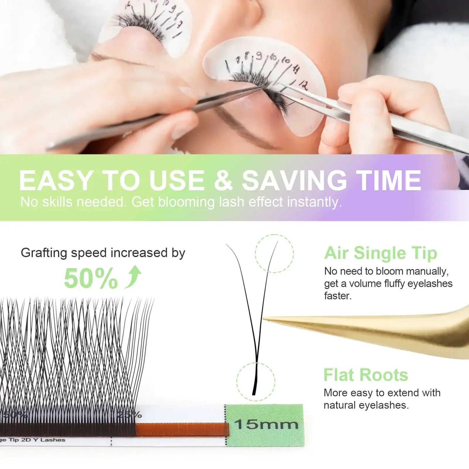 NAGARAKU YY 2D volume eyelash extensions with black mesh net, air single tips, and flat roots for easy application.