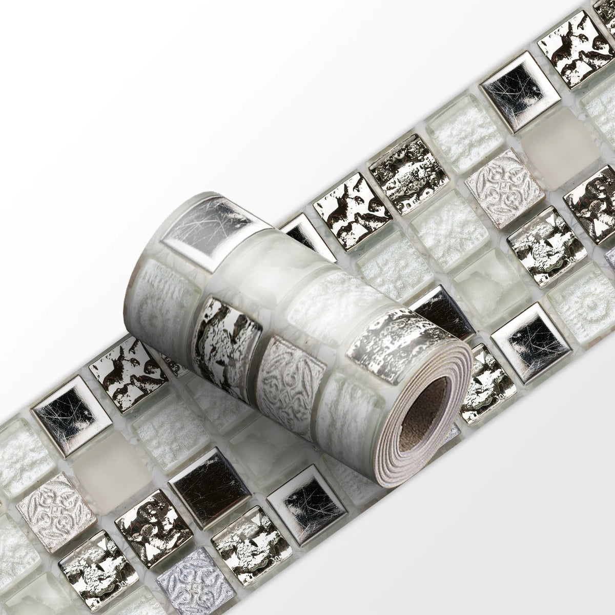 Mosaic tile wall sticker strip roll with black and silver square tiles pattern