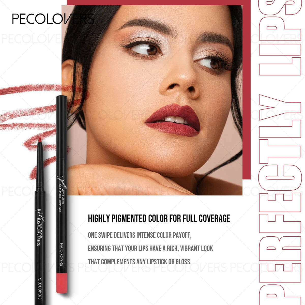 Model wearing long-lasting, waterproof matte lip liner pencil for intense, non-staining, pigmented berry lip color.