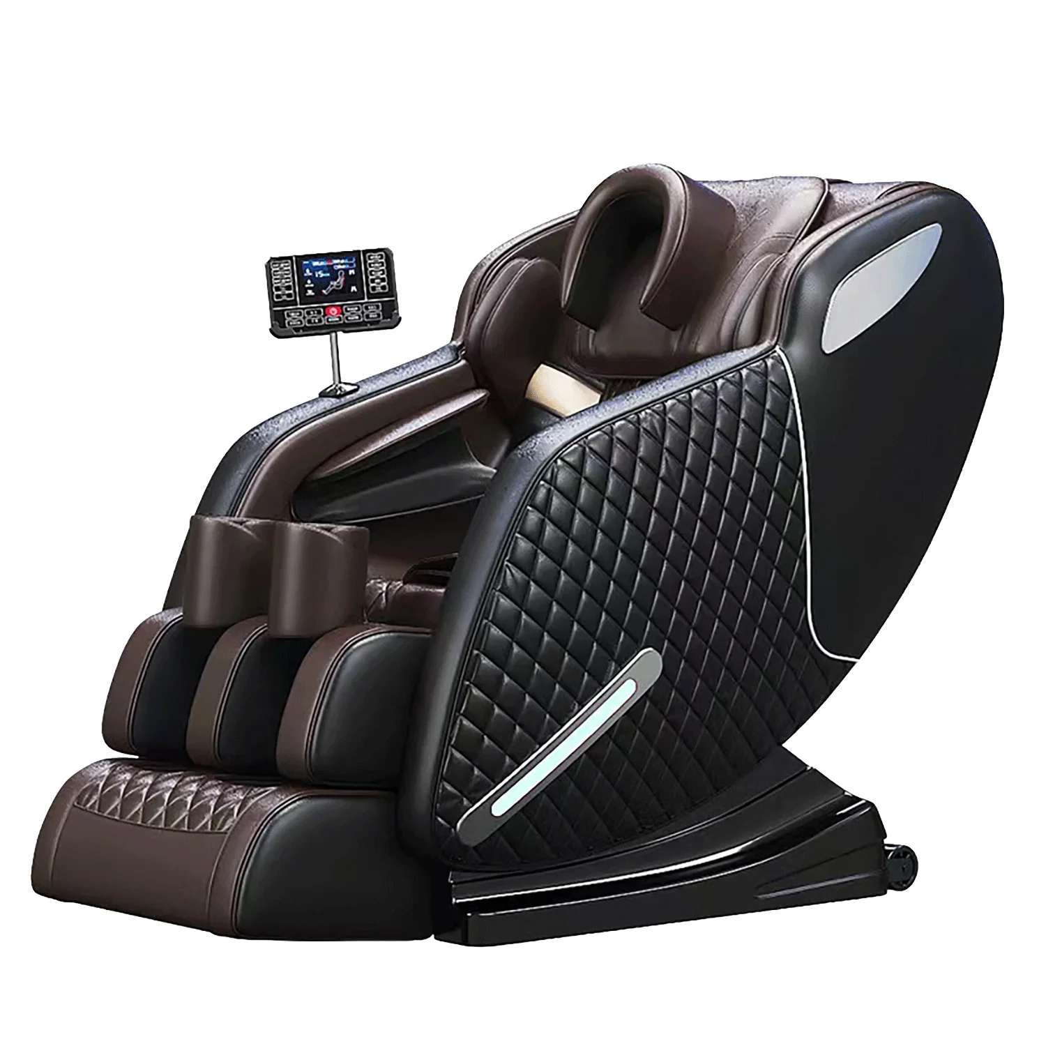 Black and brown faux leather massage chair with quilted side panels and an integrated touchscreen control console.