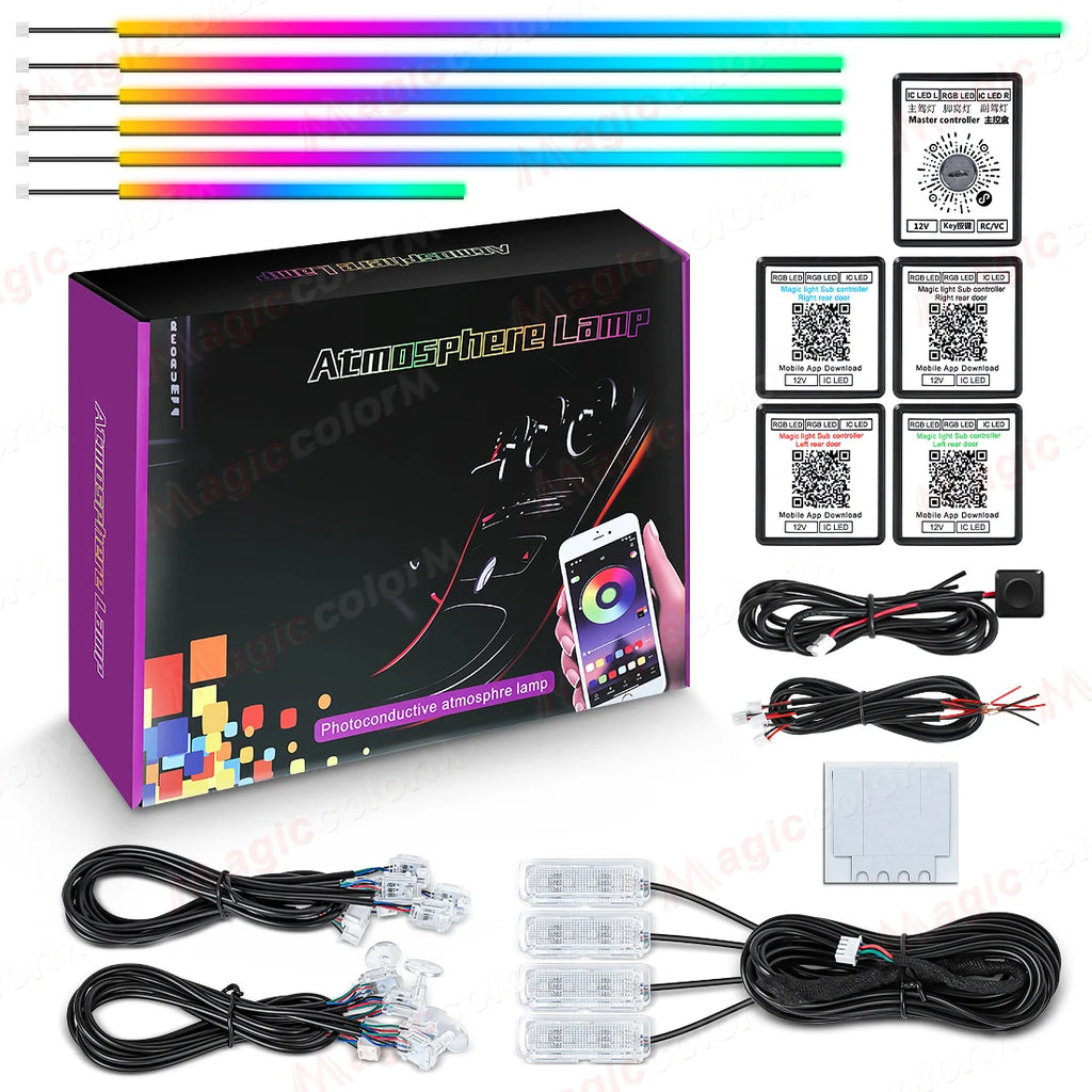 Car LED atmosphere lamp kit with color-changing light strips, controllers, cables, and installation accessories.
